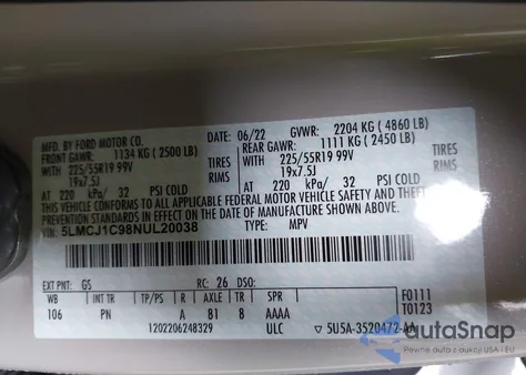 2022 Lincoln Corsair Standard из США, поврежденный, VIN 5LMCJ1C98NUL20038